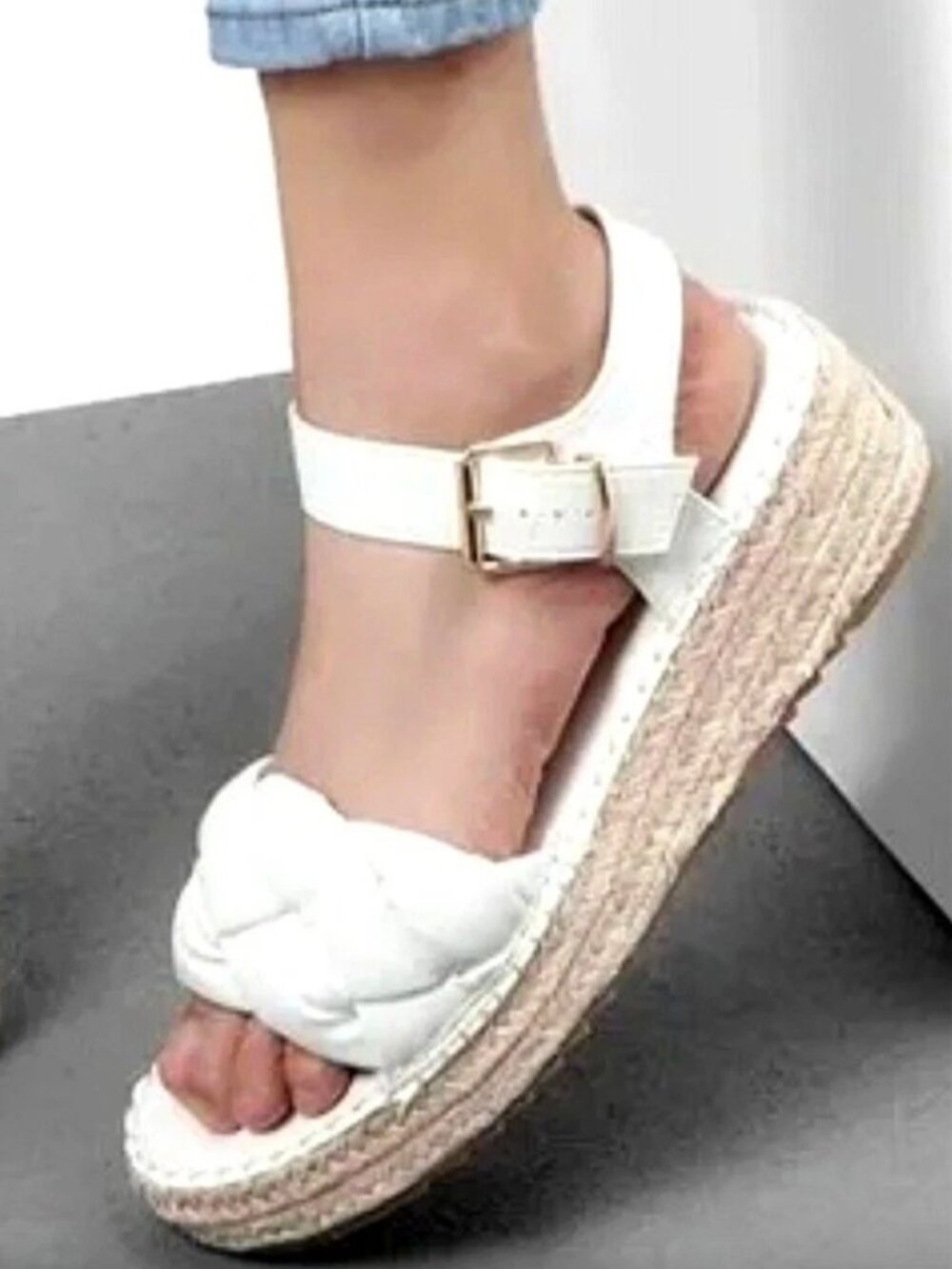 Pretty Little Thing White Sandals Platform Espadrilles Size 7 Faux Leather Ankle